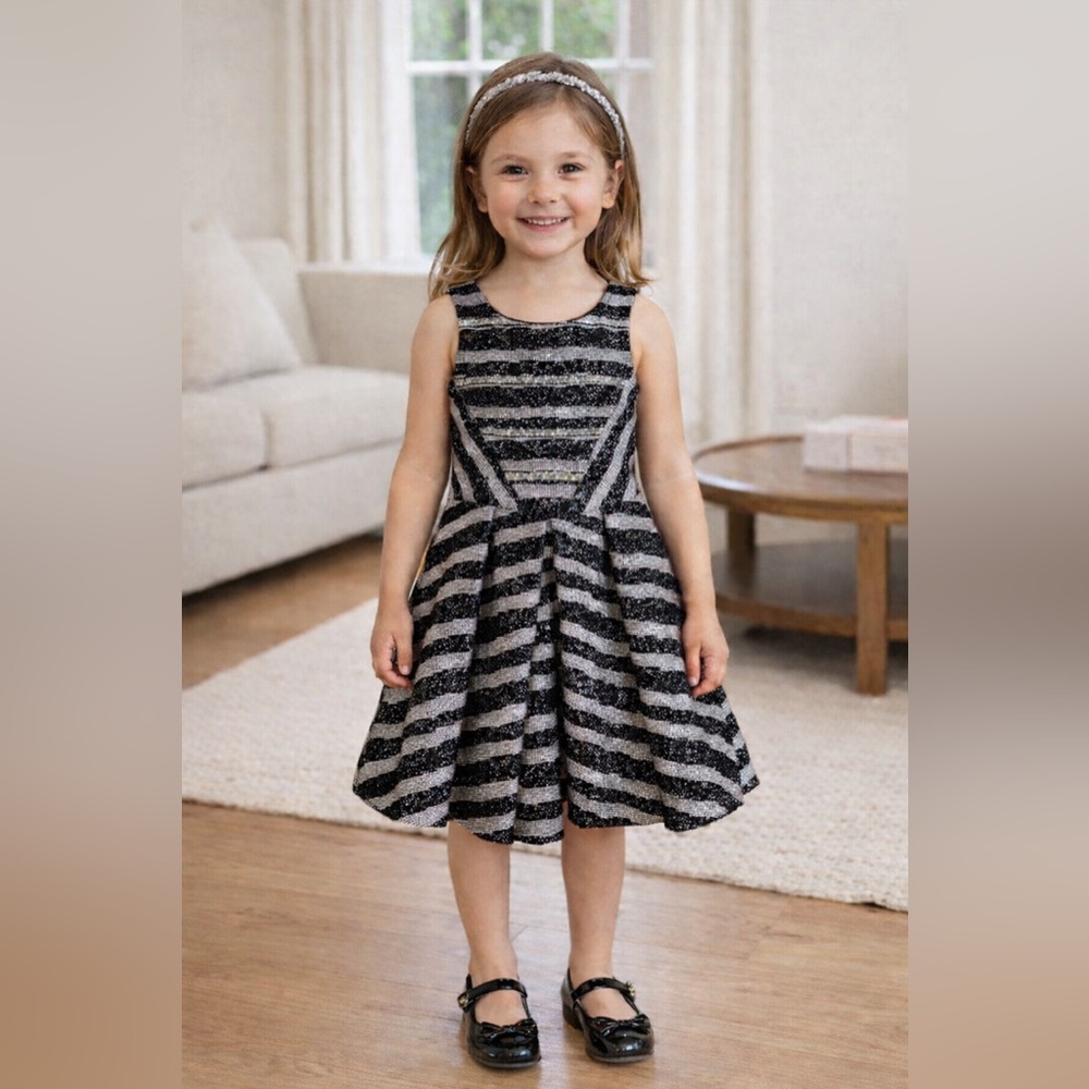 NEW 7 Hannah Banana Girls Black Silver Striped Dress w/Sequins Special Occassion